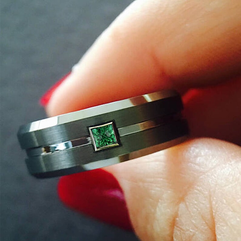 Gun Metal Mens Tungsten Wedding Bands Emerald Engagement Ring Mens Engagement Ring Mens Tungsten Wedding Bands Square Emerald Ring Band