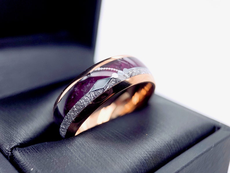 Matching Rings Set, Purple Agate and Meteorite Ring Mens Tungsten Ring, Arrows Ring, Rose Gold I Male Ring Ring for Women, Promise Rings image 9