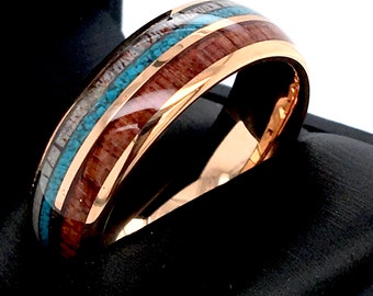 Rose Gold Tungsten Carbide Anniversary Ring featuring Koa Wood, Turquoise, and Antler inlay, a Unique Gift for Husband, Gift for Wife, 8mm