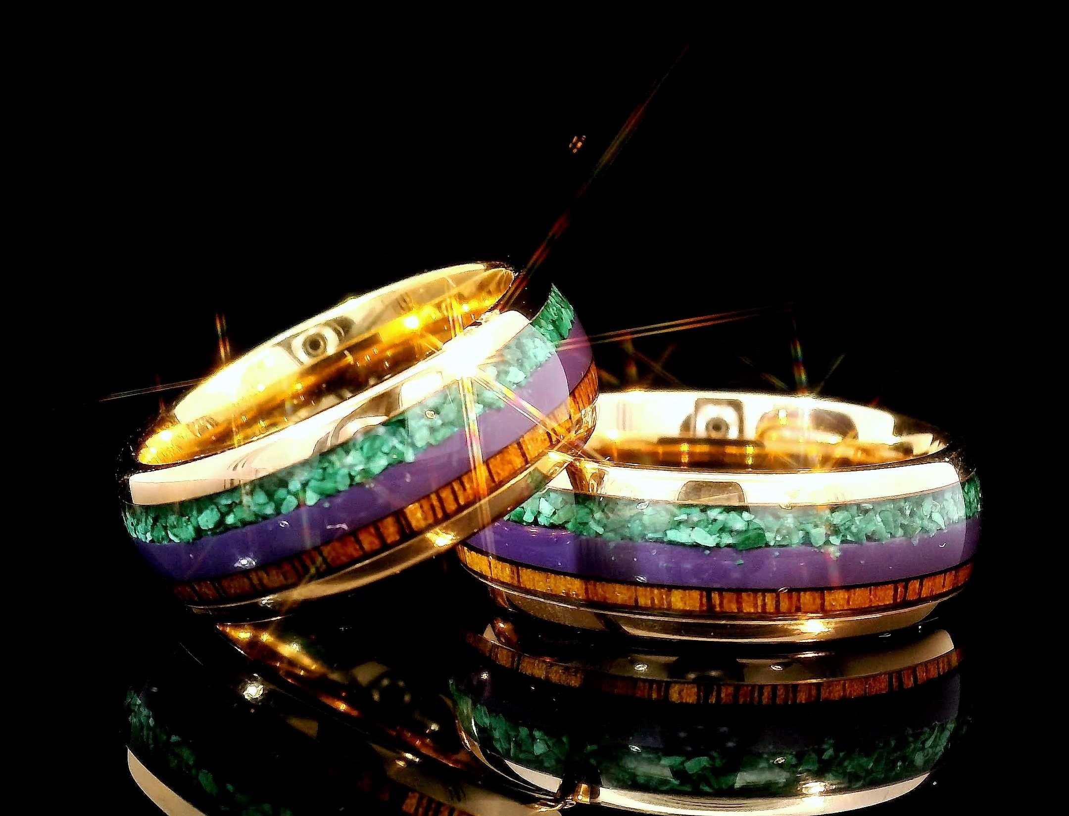 Rose Gold Tungsten Carbide Wedding Band: Koa Wood, Malachite & Agate Inlay  (8mm)