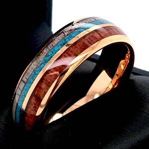 Rose Gold Tungsten Anniversary Ring | Koa Wood Turquoise Antler Inlay | 8mm