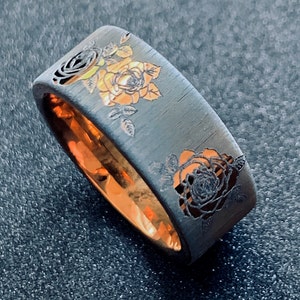 Rose Gold Engraved Tungsten Carbide Wedding Bands | Unique Floral Design Ring | Men’s and Women’s Wedding Bands | Nature-Inspired Rings