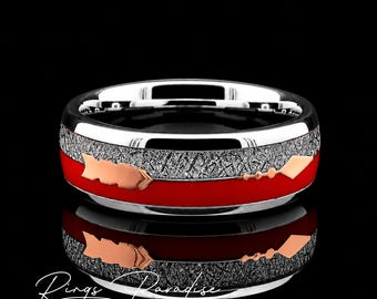 Bague en argent en tungstène | Incrustation de flèches météorite en agate rouge | Alliance | 8 mm