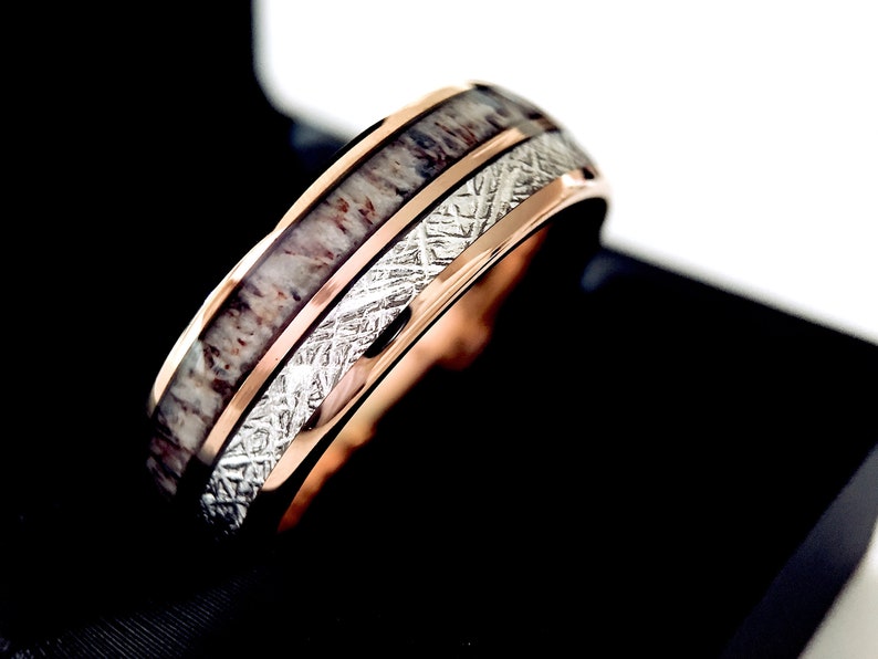 Antler and Wood Wedding Band Mens and Women Wedding Bands Rose Gold Tungsten Wedding Bands Mens Tungsten Ring Rings Mens Tungsten Band
