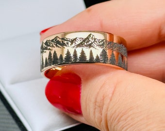 Fir Trees and Mountains Pattern Engraved Rose Gold Tungsten Carbide Wedding Bands, His and Her Promise Rings for Nature and Outdoor Lovers