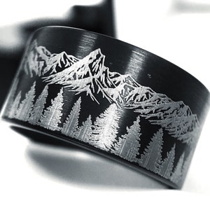 Nature Mens Tungsten Ring |  | Fir Trees Forest and Mountains landscape Engraved Black Brushed Ring | Black Forest Tree Ring | Durable