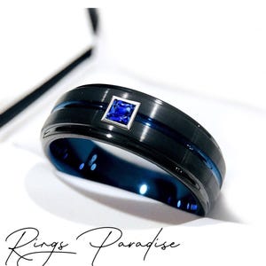 Wolframring Herrenring | Blauer Saphir Schwarz Blau Ring Comfort Fit - (7 mm, 8 mm, 9 mm)