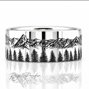 Men’s Silver Tungsten Wedding Band: Forest Ring with Pine Trees & Mountain Range, Custom Engraved - (10mm)