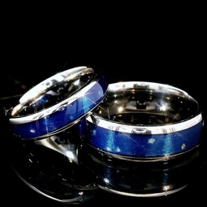 Tungsten Wedding Bands: Silver Rings with Blue Agate Inlay  (6mm, 8mm)