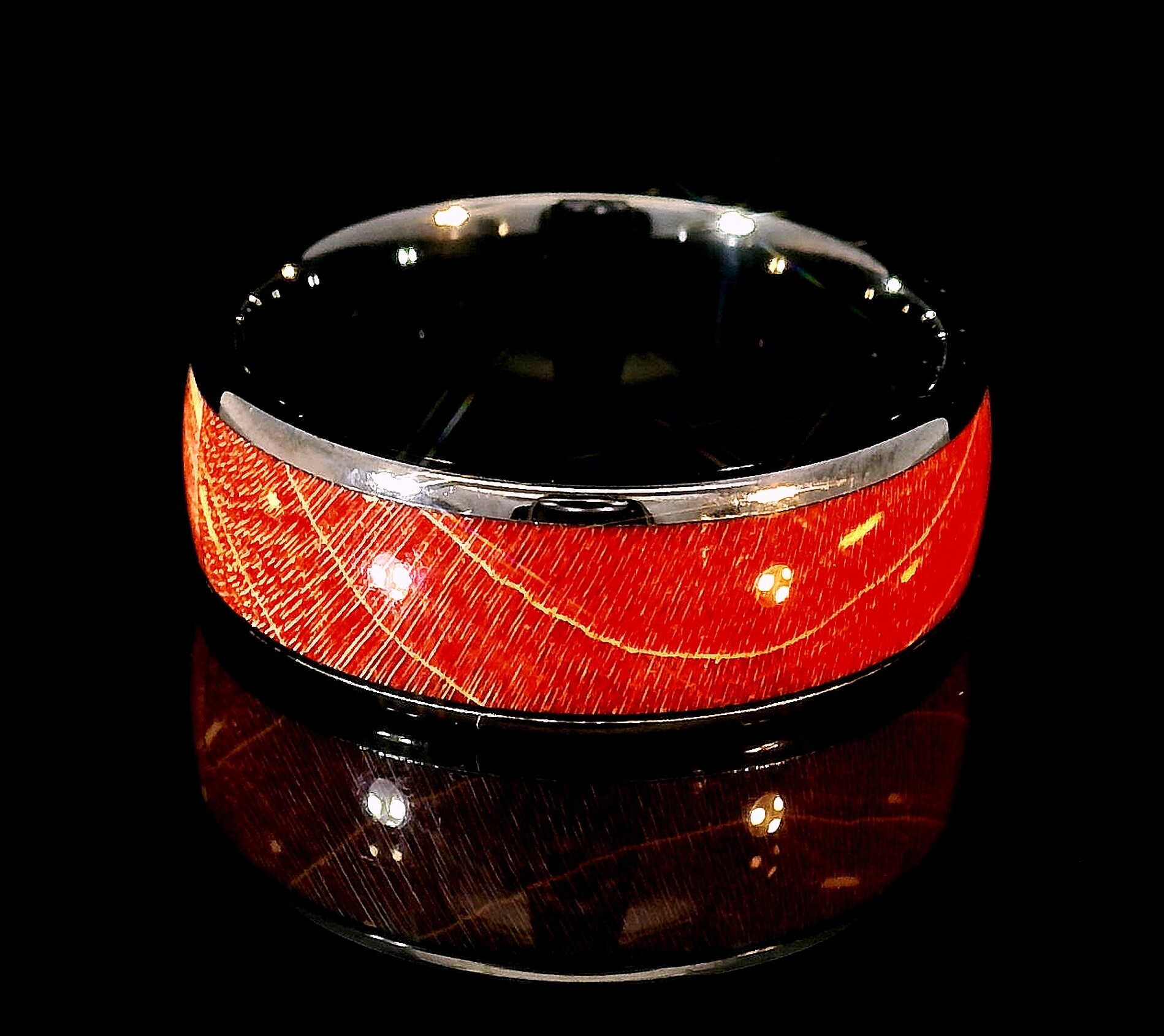 Black Tungsten Carbide Men's Wedding Band with Red Wood Inlay - 8mm