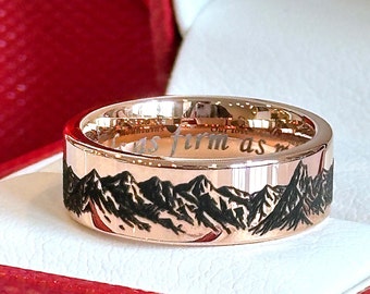 Mountains Range Pattern Engraved  Rose Gold Wedding Bands, Stylish and Durable must-have Tungsten Carbide Ring for Nature Enthusiasts