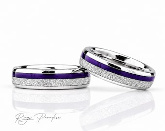 Purple Agate and Meteorite Inlay Tungsten Wedding Bands, Matching Rings Set - 6mm, 8mm