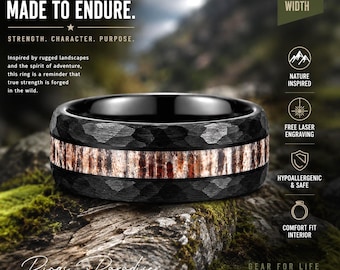 Black Hammered Tungsten Ring | Deer Antler Inlay | Mens Wedding Band | 8mm