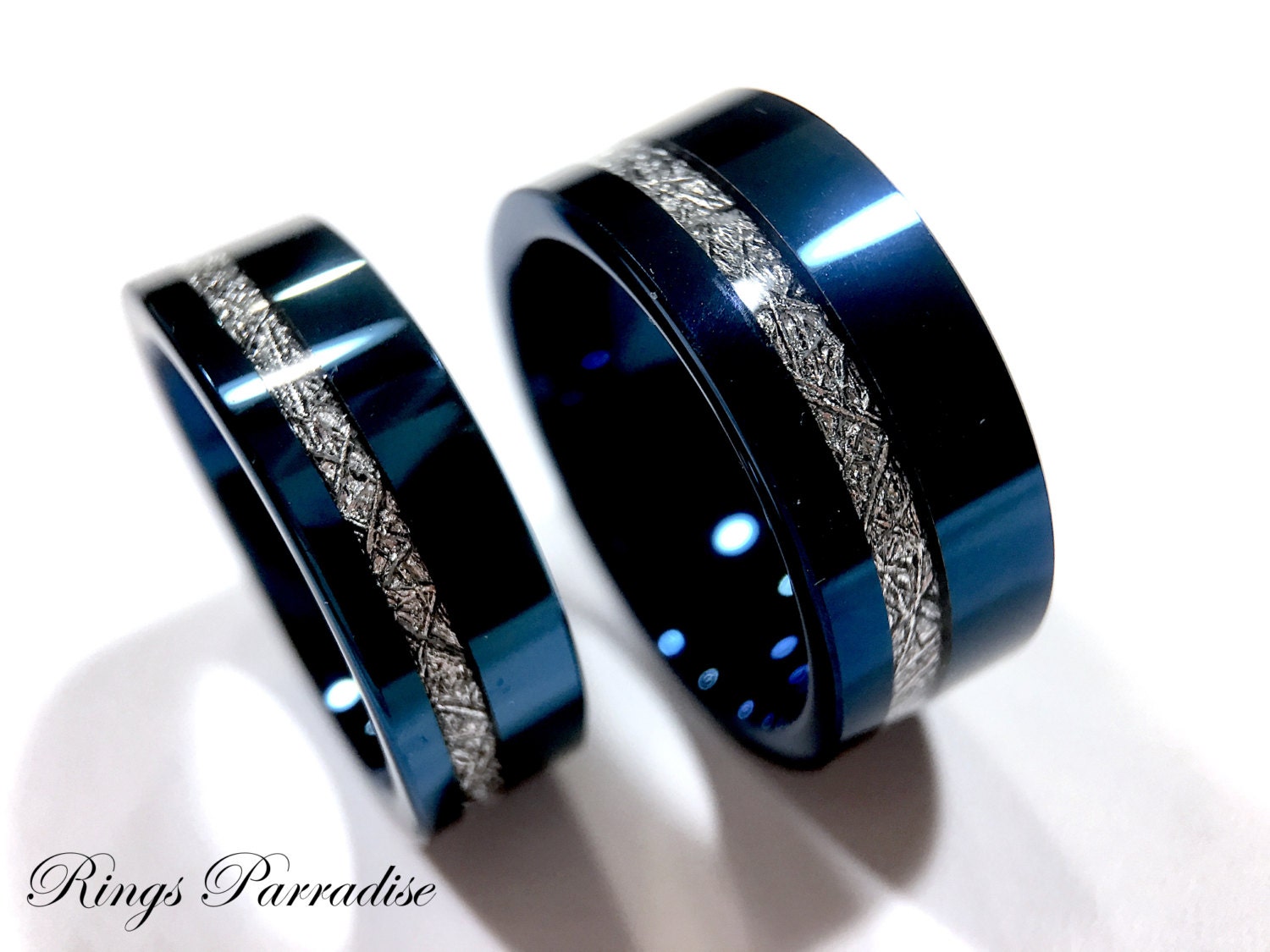 Wedding Bands Blue Meteorite Inlay Rings His and Her Engagement