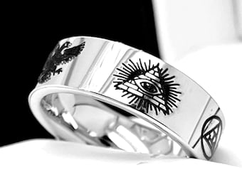 Mens Masonic Tungsten Ring | Freemason Symbol Engraved Wedding Band | 8mm 10mm