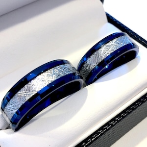 Blue Tungsten Wedding Band: Meteorite Style Ring, Promise Ring, 6mm,8mm