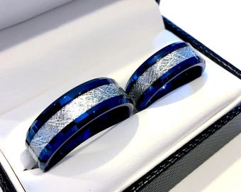 Blue Tungsten Wedding Band: Meteorite Style Ring, Promise Ring, 6mm,8mm