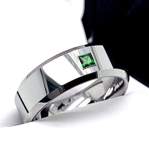Men's Tungsten Ring with Emerald | Men’s Wedding Band or Engagement Ring | 6mm 8mm  | Durable Comfort Fit | His Promise Ring