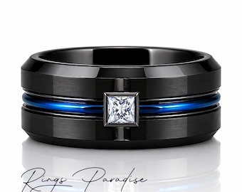 Black Tungsten Wedding Band with Square Diamond & Blue Interior (8mm)