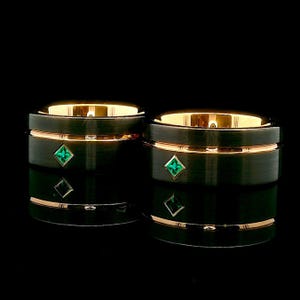 Two Tone Black and Rose Gold Tungsten Carbide Rings with Square Green Emerald Stone suitable for Men and Women, Brushed, 10mm wide bands.