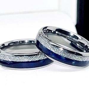 Blue Agate Tungsten Wedding Band: Meteorite Inlay, Custom Engraving - 6mm, 8mm