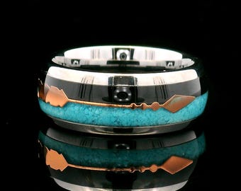 Turquoise and Black Agate Tungsten Ring | 8mm Comfort Fit | Arrow Inlay | His and Hers Promise Ring | Anniversary & Wedding Band