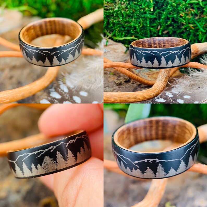 Tungsten Ring Fir Trees in Mountains Forest landscape Engraved His and Hers Promise Ring Mens Wedding Band Mens Ring Whisky Barrel Ring