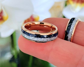 Unique Wedding Bands,  Rose Gold Tungsten Wedding Ring, Men's Ring, Women Ring, Wedding Rings, Meteorite Ring, Unique Engagement Rings, 6mm