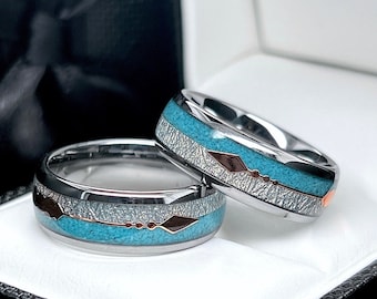 Turquoise Meteorite Wedding Band: Rose Gold Arrow Tungsten Ring, 8mm