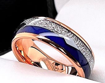 Blue Agate Meteorite Inlay Rose Gold Tungsten Ring: Arrow Wedding Band - 8mm