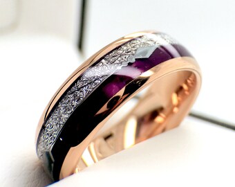 Mens Wedding Band, Rose Gold Tungsten Ring, Purple Agate & Meteorite Ring, Mens Tungsten Band, Arrow Inlay Ring, Men Women Wedding Bands