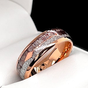 Rose Gold Wedding Band, Antler Ring, Meteorite Ring, Mens Ring, Women Ring, Rose Gold Tungsten Ring, Engagement Ring, Arrow Inlay Ring 8mm