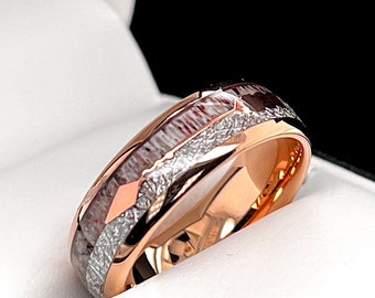 Rose Gold Wedding Band, Antler Ring, Meteorite Ring, Mens Ring, Women Ring, Rose Gold Tungsten Ring, Engagement Ring, Arrow Inlay Ring 8mm
