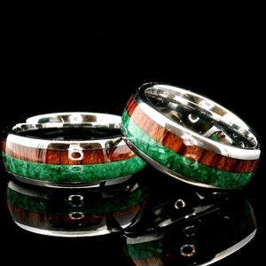 Tungsten Ring Set: Green Malachite & Koa Wood Inlay, Comfort Fit - 8mm