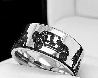 Camping Scene Pattern Engraved Silver Tungsten Carbide Ring, Men & Women in Forest Holiday Camp, His Hers Promise Ring, Wedding Bands, Ring