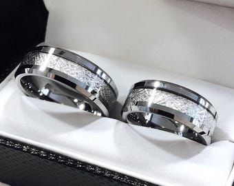Meteorite Inlay Wedding Bands Set | His and Hers Tungsten Rings | Celestial Ring | 6mm & 8mm | Comfort Fit | Gift for Couple
