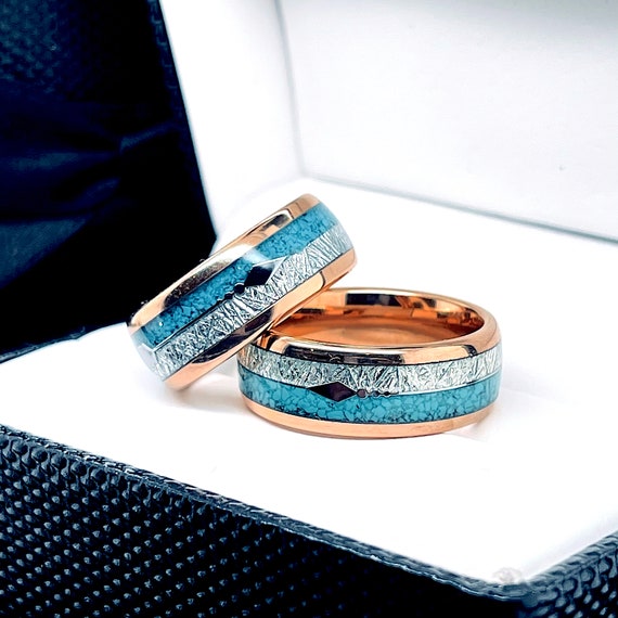 Turquoise and Meteorite Inlay Rose Gold Wedding Bands Set, Tungsten Ring,  Engagement Ring, Promise Ring His and Hers, Matching Ring Set, 8mm 