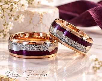Matching Rings Set | Purple Agate Ring | Meteorite Ring | Rose Gold Tungsten Ring | Arrows Ring | Mens Wedding Band | Promise Rings Women