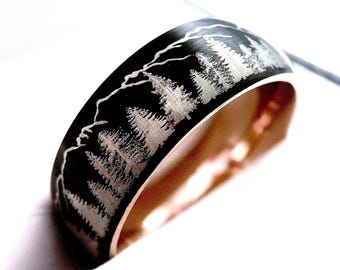 Mountain Forest Tungsten Ring | Fir Trees Engraved Design | 8mm Two-Tone Band | His and Hers Promise Ring | Black & Rose Gold Ring - 8mm