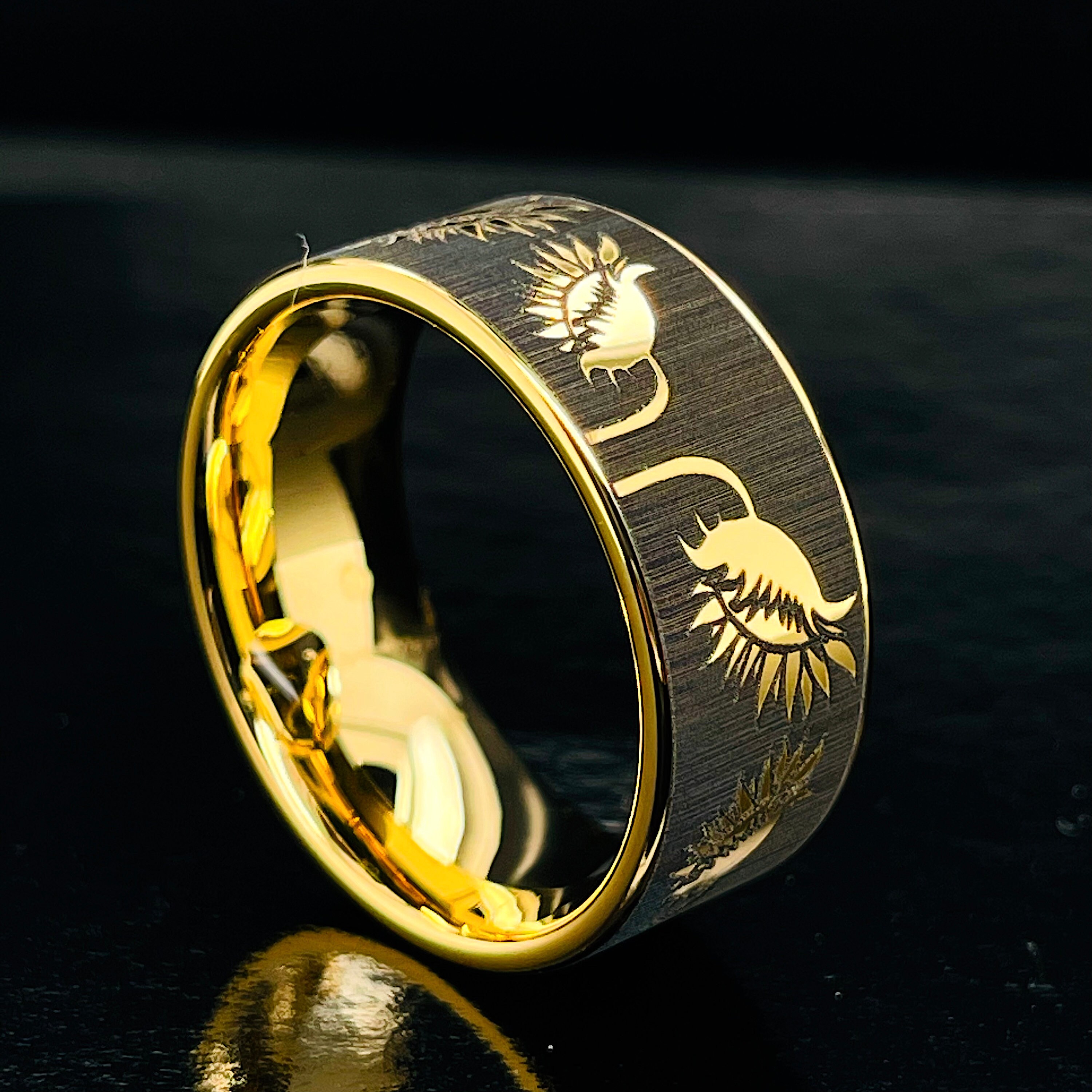 Sunflowers Pattern Engraved Yellow Gold Tungsten Carbide Ring - Etsy