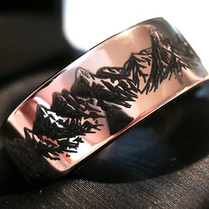 Mountain Wedding Bands | His and Hers Gift | Rose Gold Tungsten Ring | Nature Ring | Promise Ring  | Engraved Mountain Range Ring