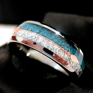 Mens Wedding Bands, Mens Ring, Tungsten Ring for Women, Turquoise Meteorite Inlay, Rose Gold Arrow Inlay, Engagement Ring, His and Hers Band