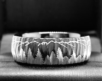 Natur Ring | Black Hammered Tungsten Carbide Ring | Fir Trees Forest and Mountains Range Landscape Engraving| His & Hers Gift | 8mm Durable