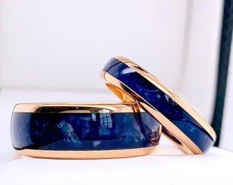 Rose Gold Tungsten Wedding Band | Blue Agate Inlay Ring | Men’s and Women’s Engagement Ring | 4mm 6mm 8mm Options