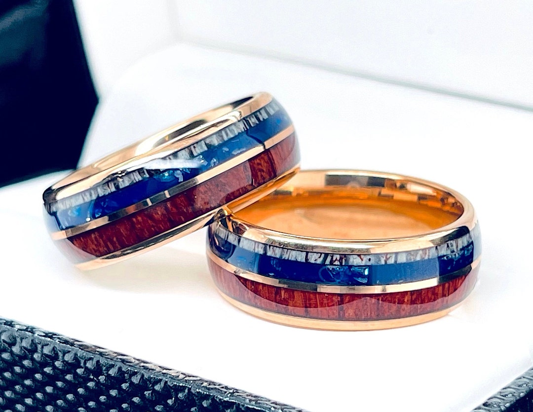 Blue Agate, Wood and Antler Inlay Rose Gold Tungsten Gacride Rings ...