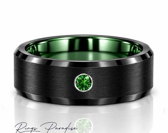 Men’s Tungsten Wedding Band | Black Tungsten Ring | Green Ceramic & Tsavorite | Durable Comfort Fit - 8mm