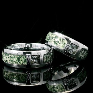 Moss Agate Stone Tungsten Carbide Matching Rings Set - Free Engraving, Comfort Fit (8mm )