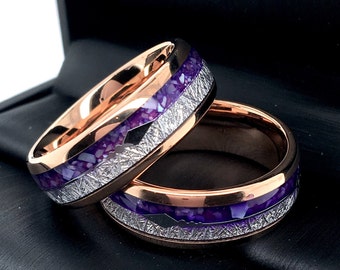 Purple Agate & Meteorite Inlay Tungsten Ring | Rose Gold Arrow Wedding Band | Unisex Engagement Ring | His and Hers Promise Rings | 8mm