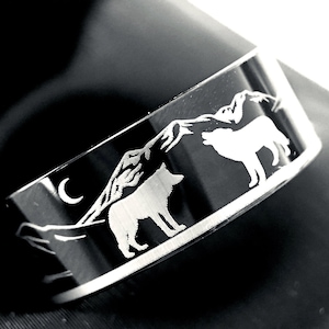 Black Tungsten Wolf Ring | Two Wolves with Mountains & Moon | Engraved Landscape Band | Unisex Wedding Band | Nature Gift for Him or Her