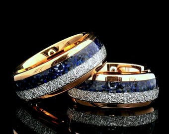 Blue Lapis Meteorite Ring Set | Rose Gold Tungsten Wedding Bands | 6mm & 8mm Couples Rings